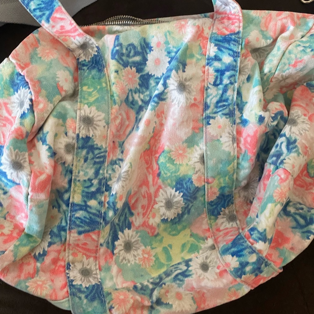 Multicolored with pastel flowers PINK duffle bag.